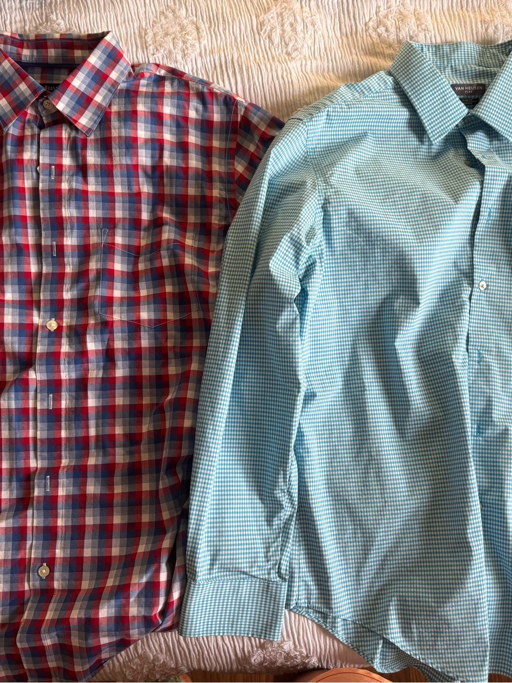 Bundle Two Men's VANHEUSEN size large Plaid Button-Front Shirts red blue white